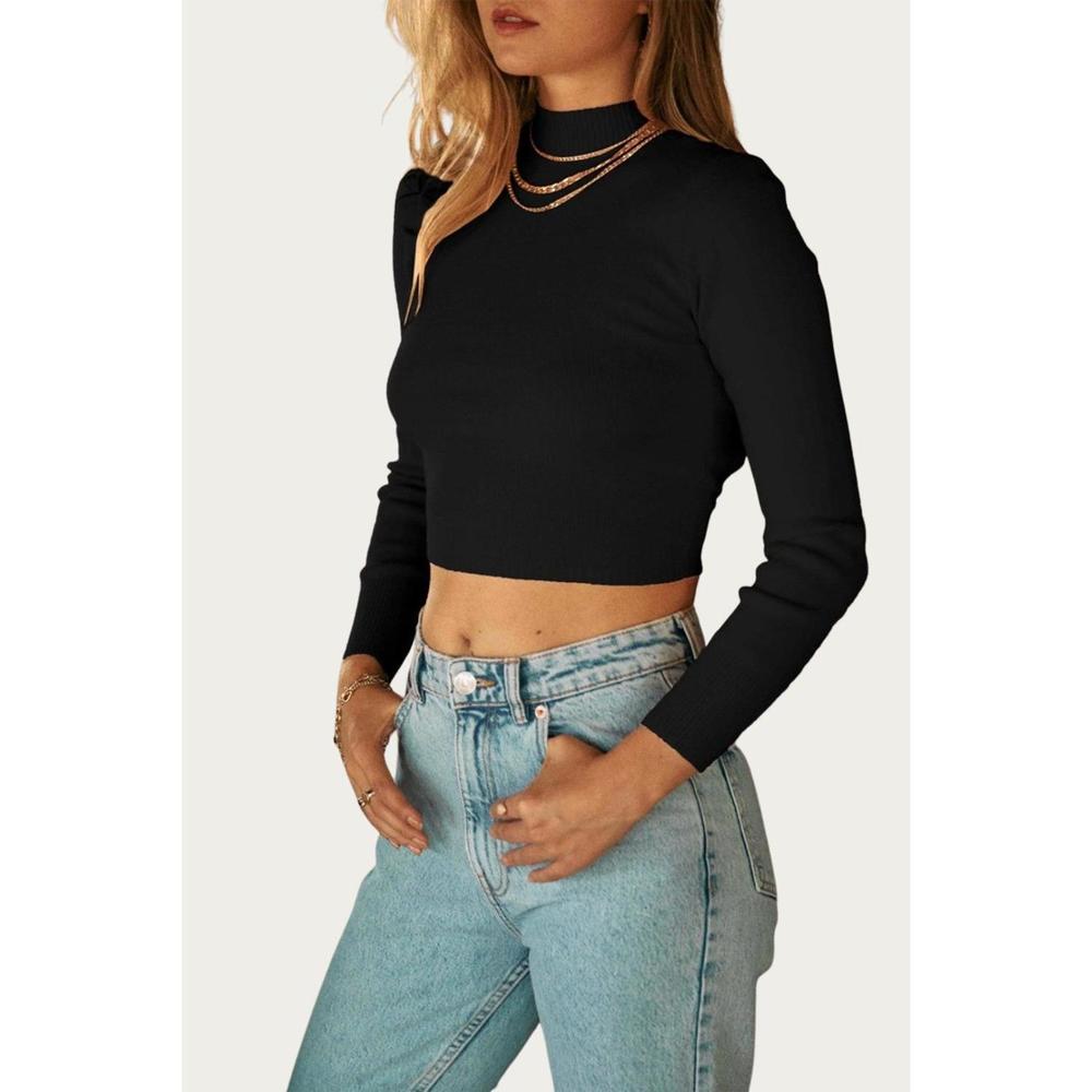 NEW ENDLESS BLU. cropped open-back mock neck sweater in black